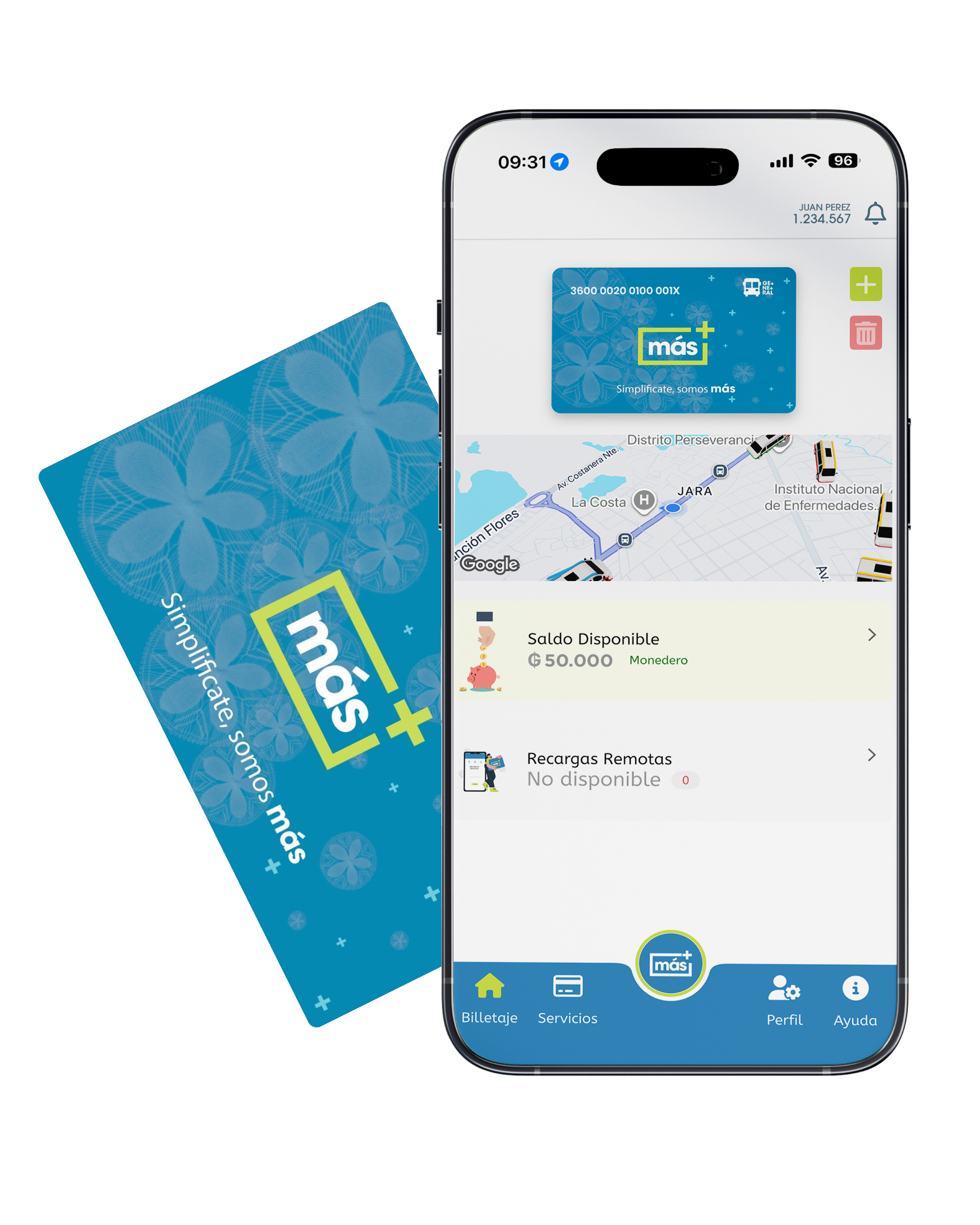 Tarjeta Más junto a un teléfono con la aplicación abierta